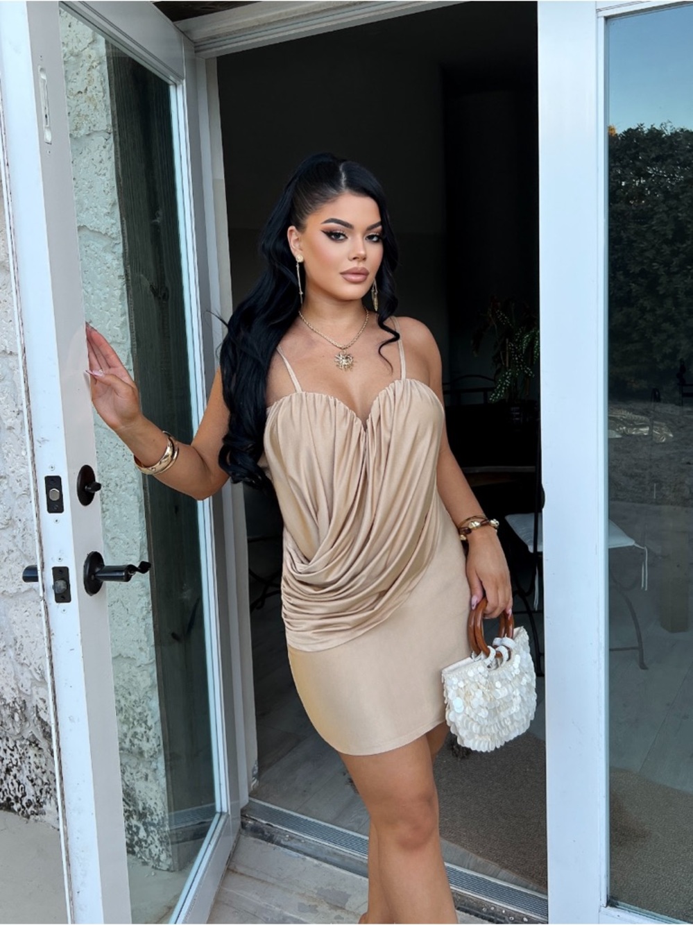 Vacation Elegant Beige Satin asymmetrical Draped Mini Dress